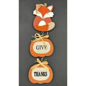 Wooden Fox Pumpkin Give Thanks Fall Wall Hanging Decor Rustic Burlap Harvest 12"